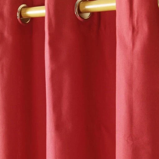 Cotton Plain Red Ready Made Eyelet Curtain Pair -Best Homeware Store solid red curtain close up shot