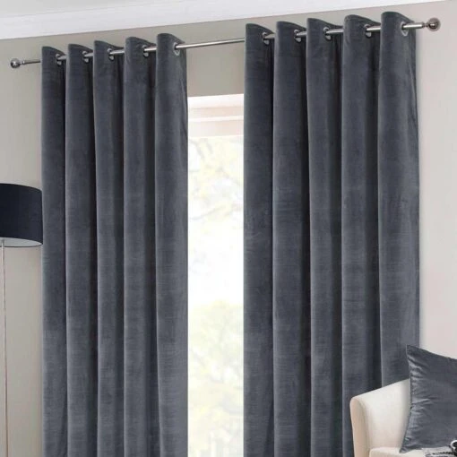 Dark Grey Interlined Velvet Thermal Eyelet Curtain Pair -Best Homeware Store velvet grey 9 1