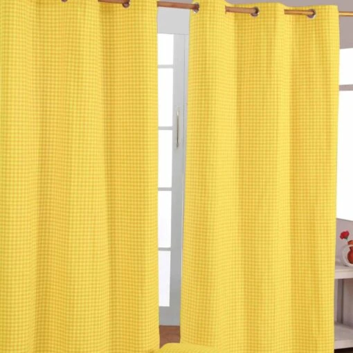 Cotton Gingham Check Yellow Ready Made Eyelet Curtains -Best Homeware Store yellow